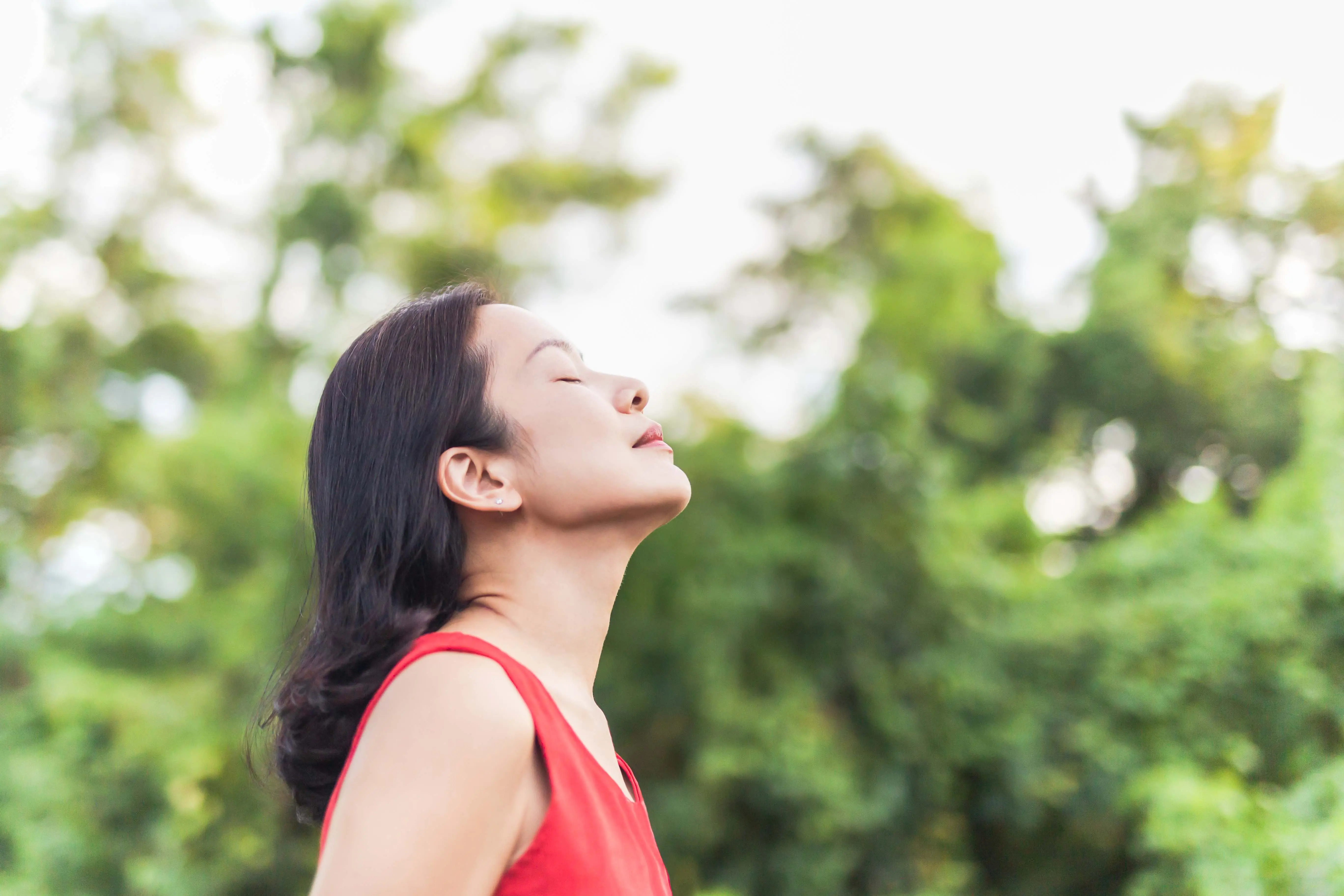 Portrait Beautiful Woman Feeling Alive Breathing Fresh Air With Closed Eyes